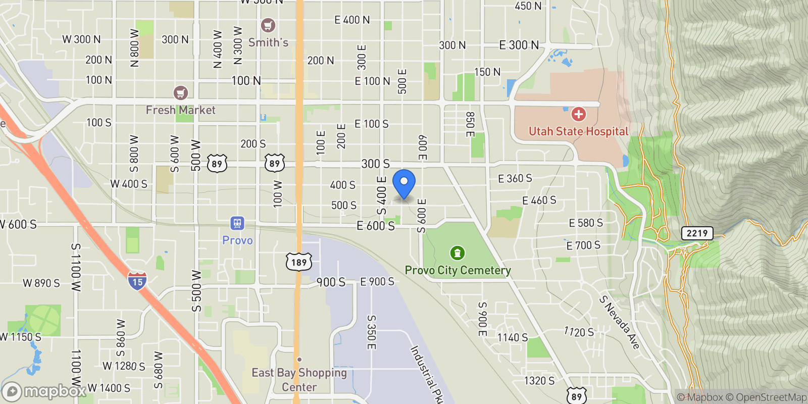 Map showing 489 S 500 E, Provo, Utah, United States.