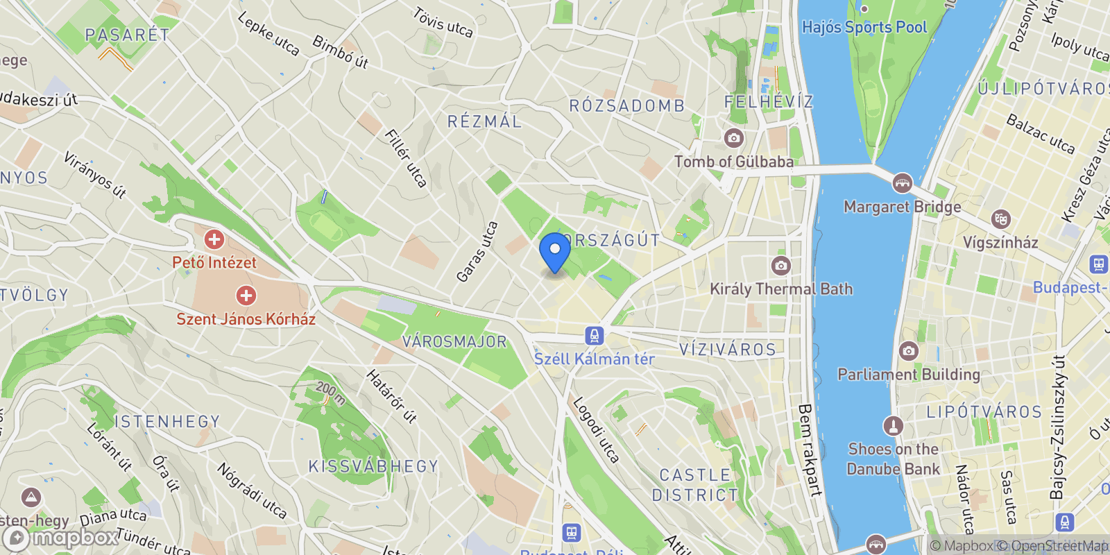 Map showing Rózsadombon számozott Bauhaus ház eladó street, Budapest, Hungary.