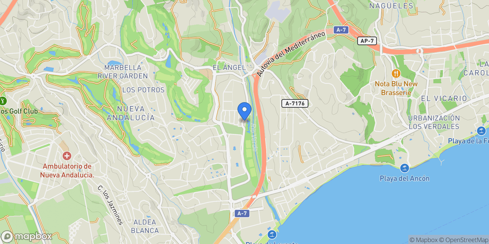Map showing Málaga, Nueva Andalucia, Marbella, Spain.