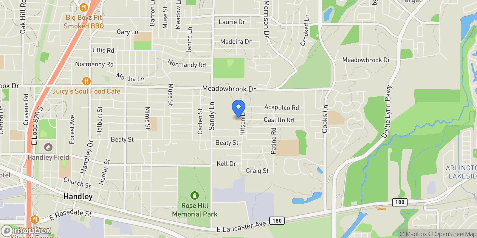 Map showing 2512 Hitson Lane, Fort Worth, TX 76112, Fort Worth, Texas, United States.