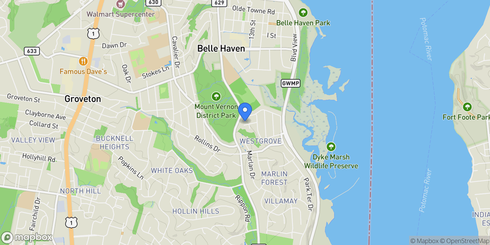 Map showing 1502 MIDDLEBURY DR DRIVE, ALEXANDRIA, VA 22307, Belle Haven, Virginia, United States.