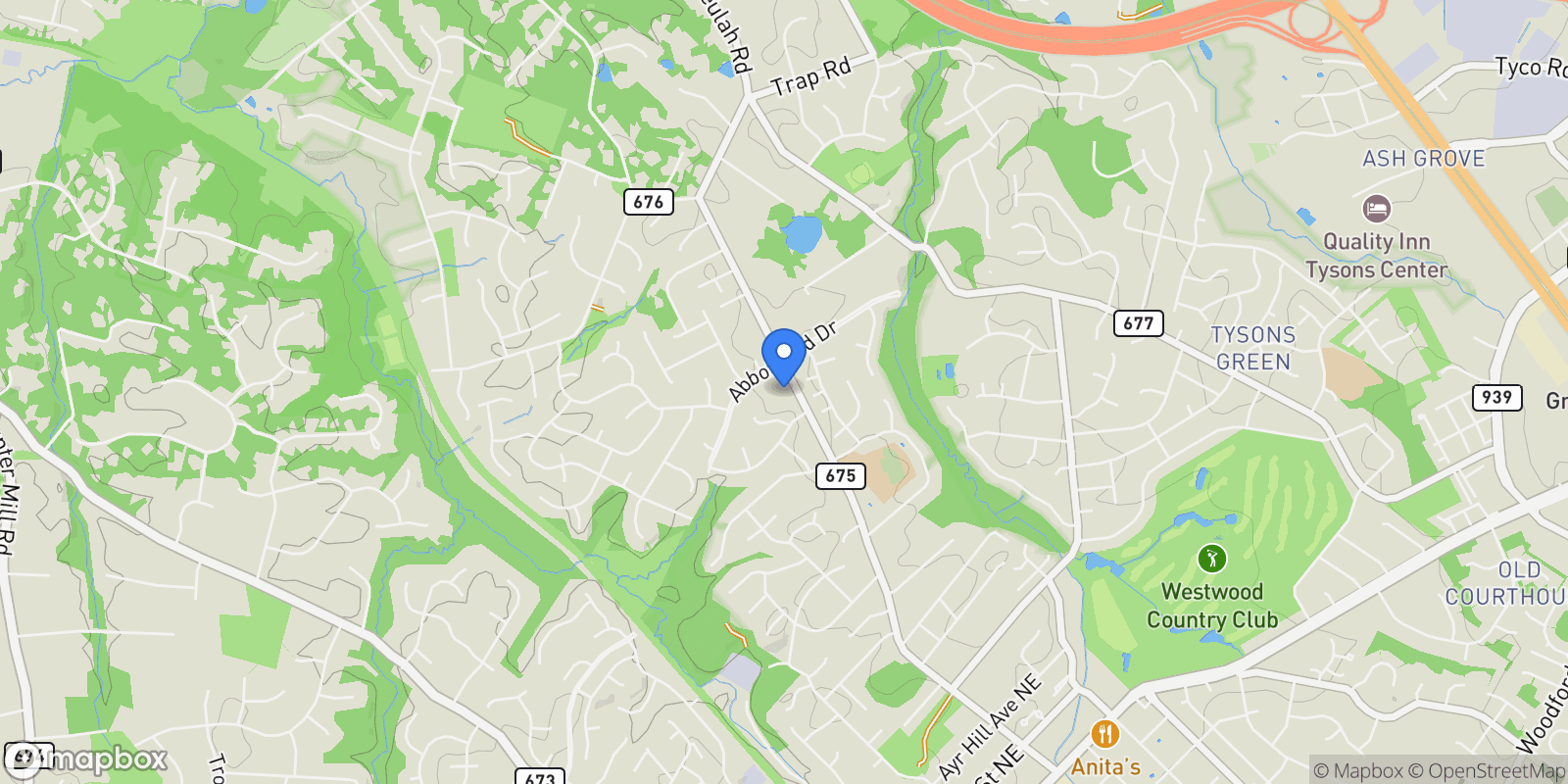 Map showing 1882 BEULAH RD ROAD, VIENNA, VA 22182, Wolf Trap, Virginia, United States.