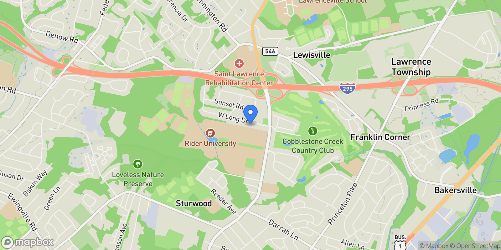 Map showing 15 West Long Drive , Lawrenceville, NJ 08648, Lawrence Township, New Jersey, United States.
