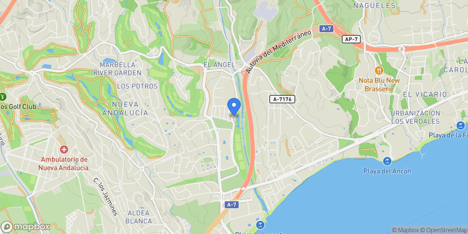 Map showing Málaga, Nueva Andalucia, Marbella, Spain.