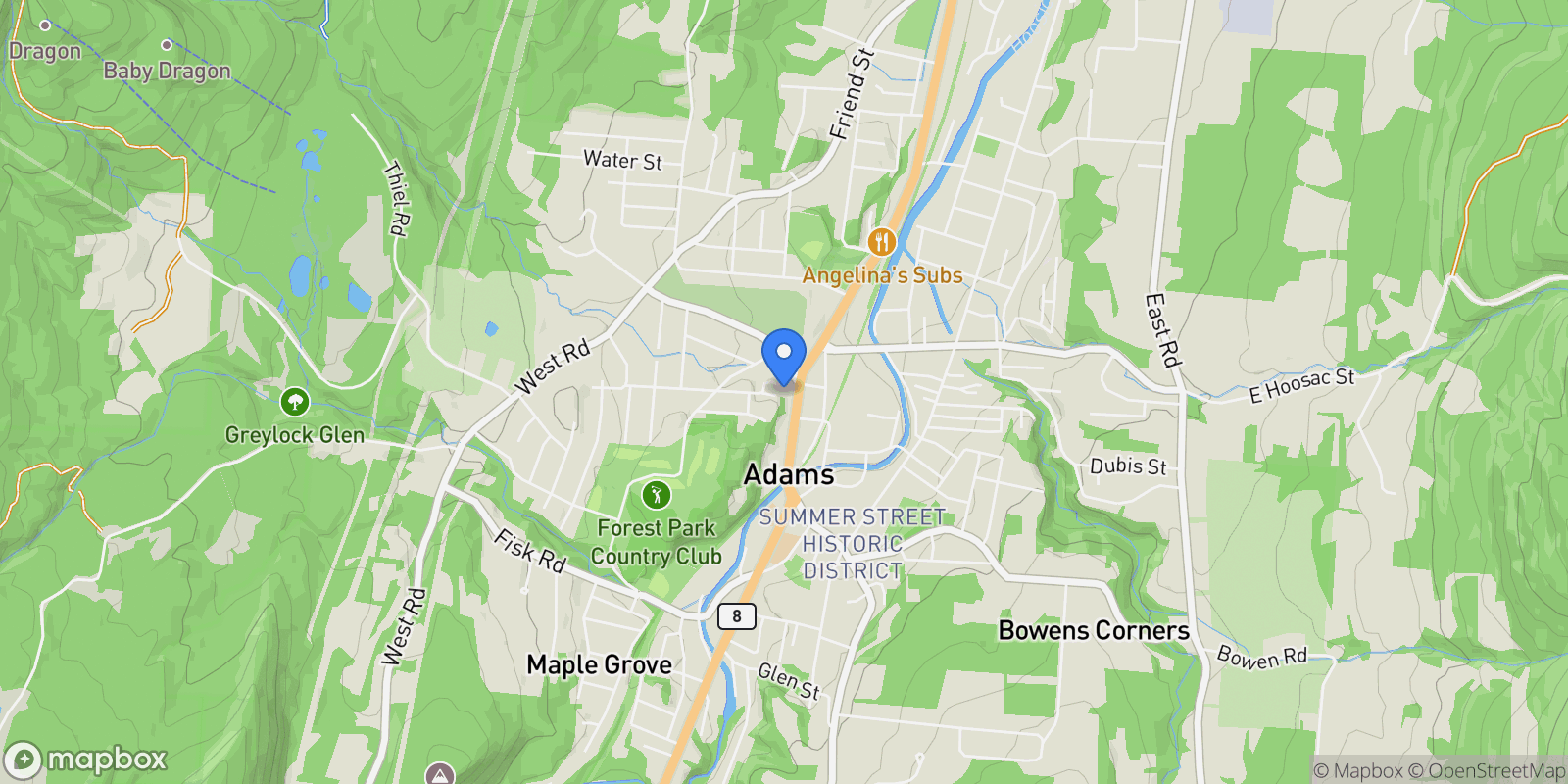 Map showing 2 Melrose St, Adams, MA 01220, Adams, Massachusetts, United States.