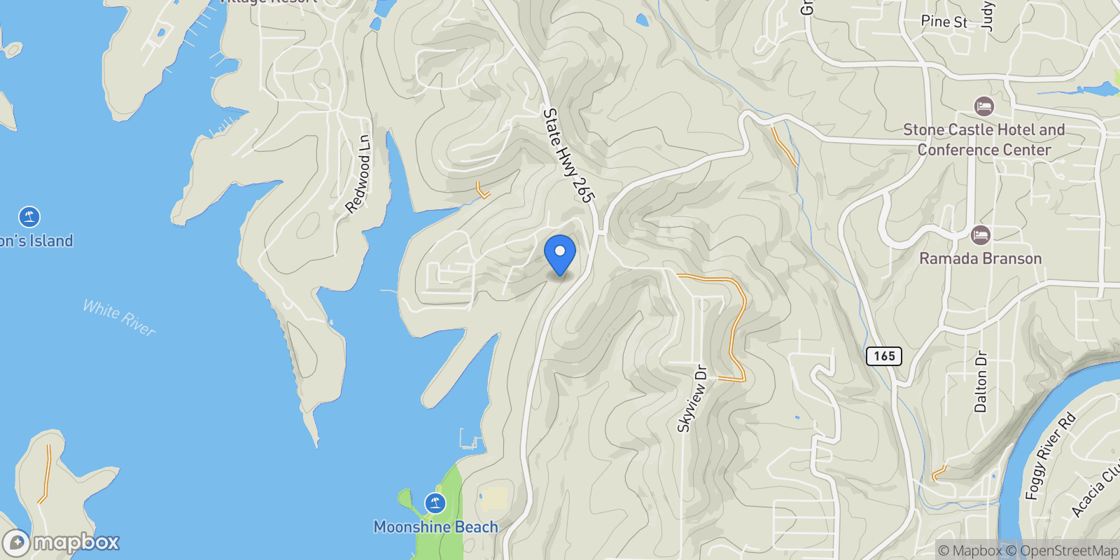 Map showing 185 Lakefront Drive, Branson, MO 65616, Branson, Missouri, United States.
