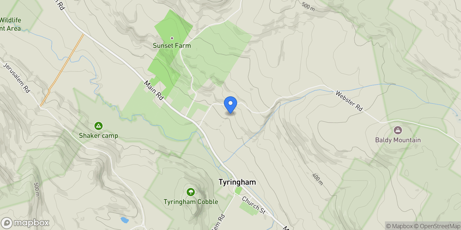 Map showing 8 Webster Rd, Tyringham, MA 01264, Lee, Massachusetts, United States.