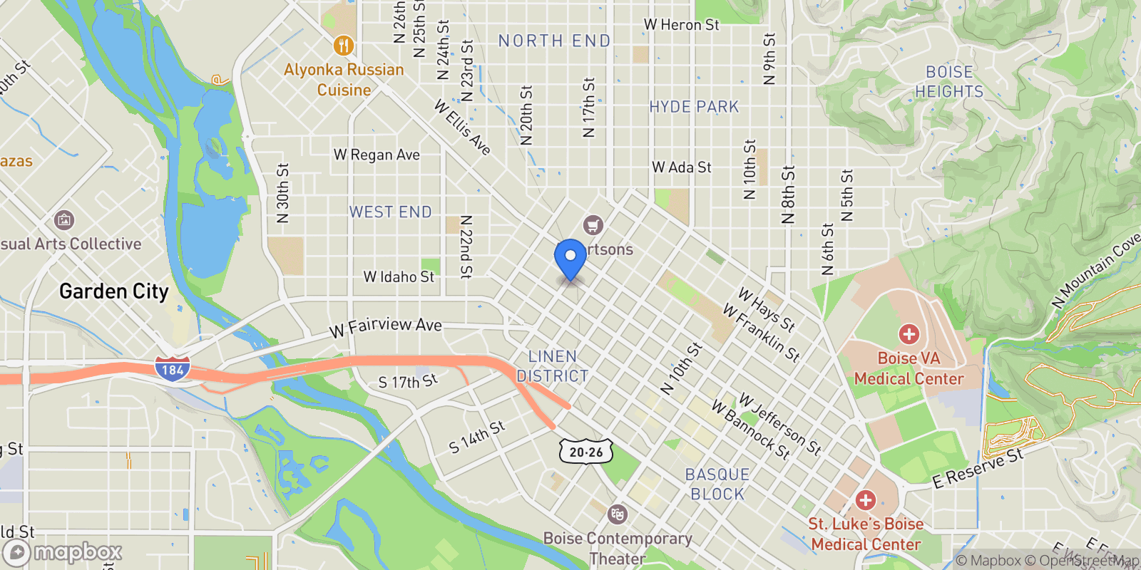 Map showing 1519 W Jefferson St, Boise, ID 83702, Boise, Idaho, United States.