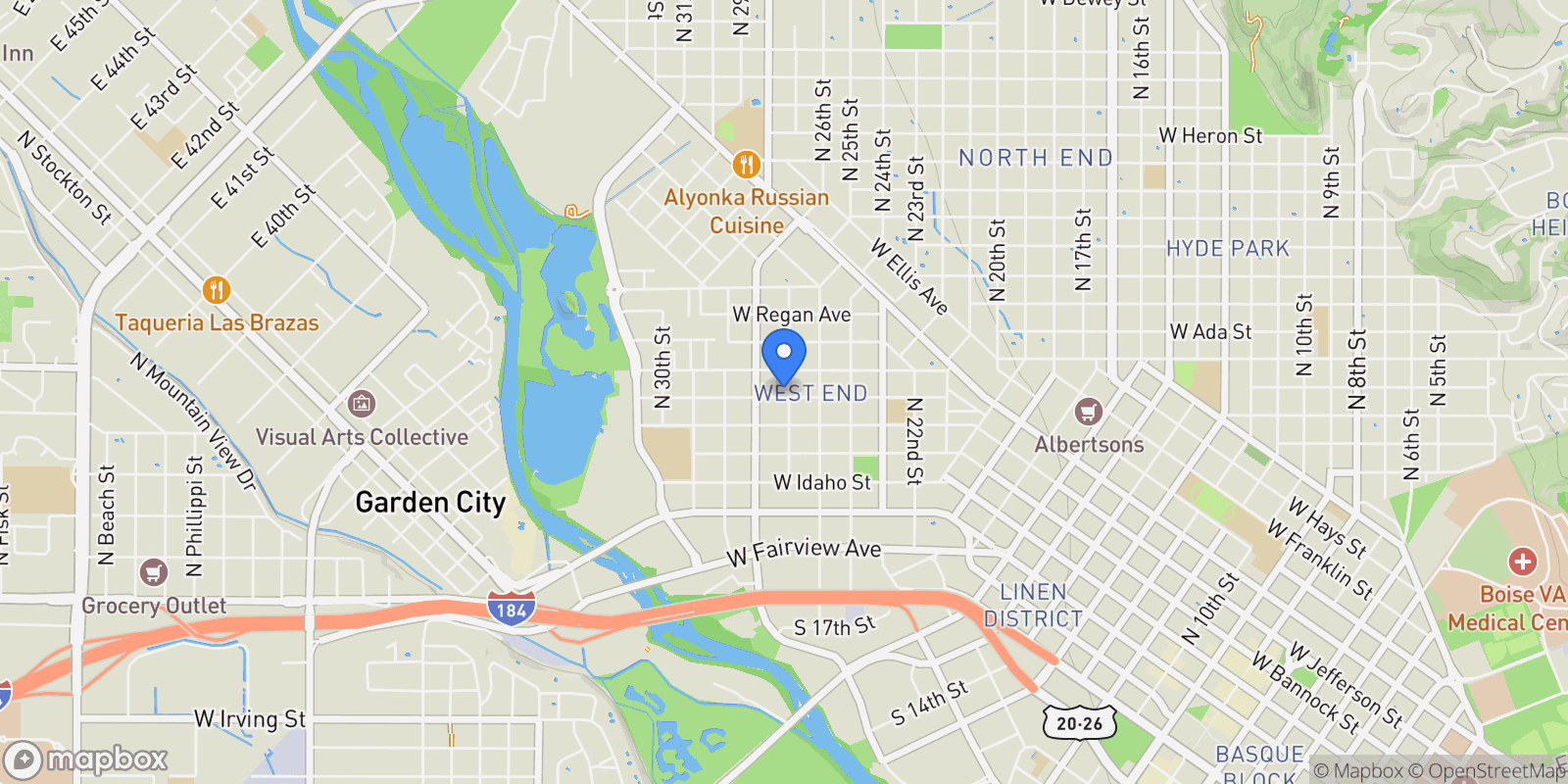 Map showing 501/503 26th St, Boise, ID 83702, Boise, Idaho, United States.