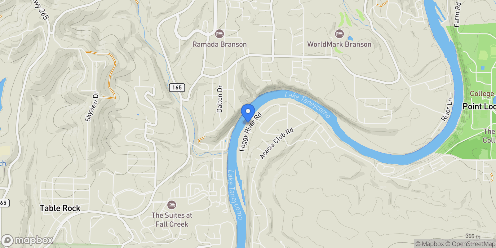Map showing 406 Foggy River Road, Hollister, MO 65672, Ridgedale, Missouri, United States.