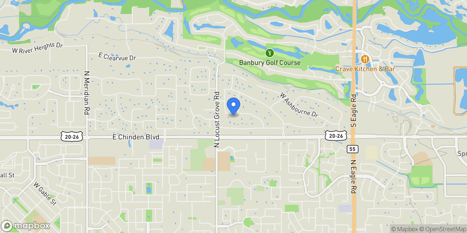 Map showing 1399 Newfield Drive West, Eagle, ID 83616, Eagle, Idaho, United States.