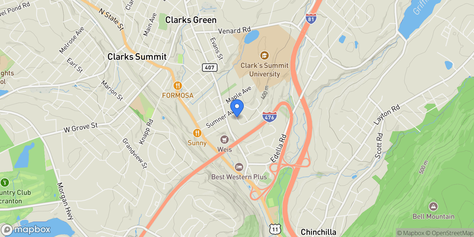 Map showing Colony Lane, South Abington Twp, PA 18411, Clarks Summit, Pennsylvania, United States.