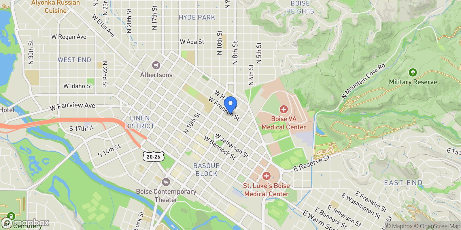 Map showing 615 N 7th St, Boise, ID 83702, Boise, Idaho, United States.