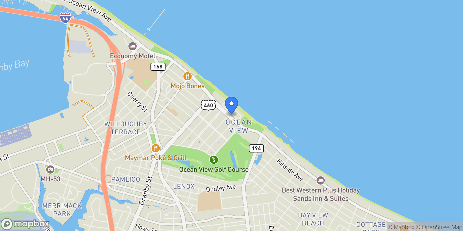 Map showing 405 Pinewell Drive, Norfolk, VA 23503, Norfolk, Virginia, United States.