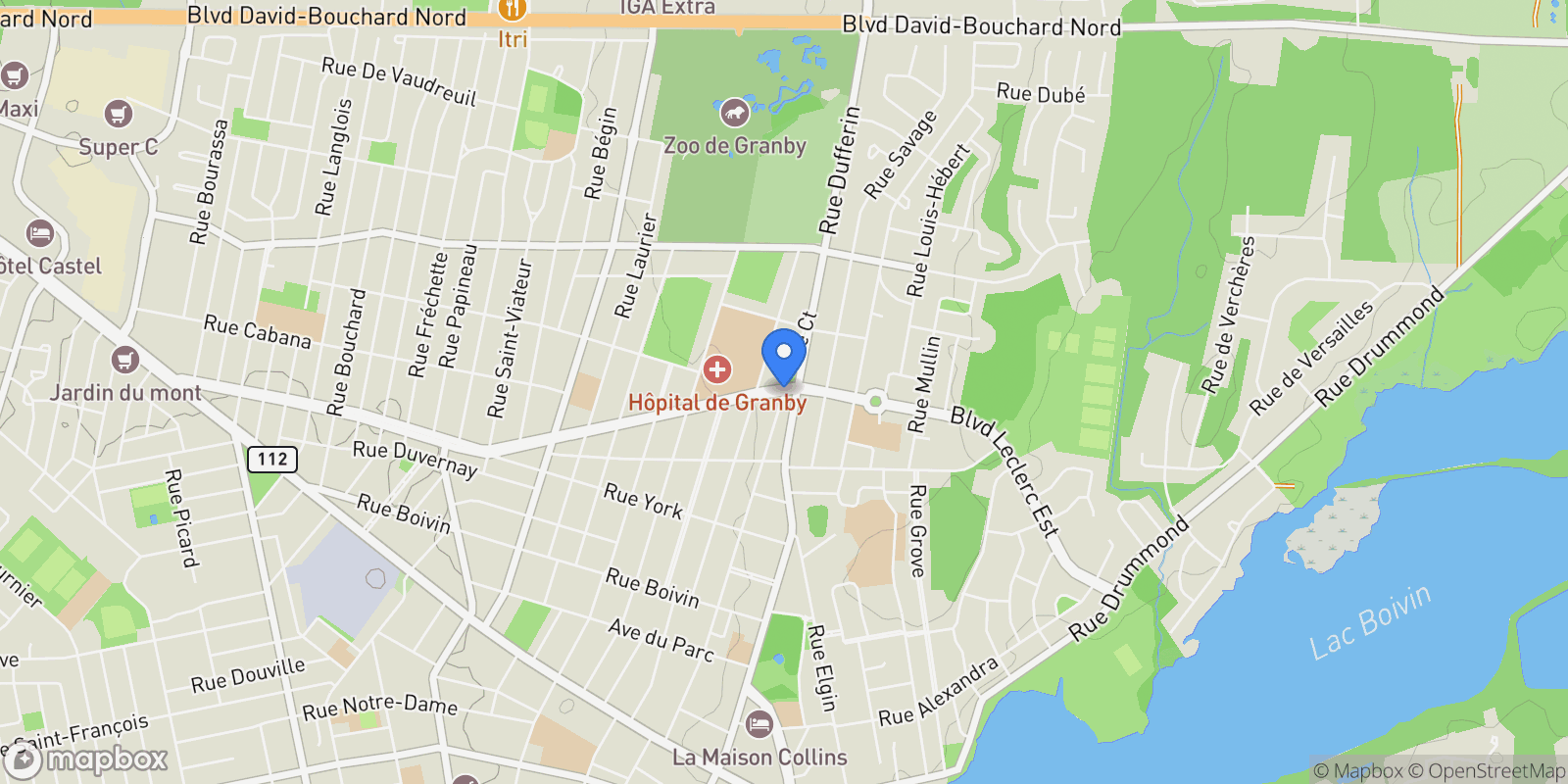 Map showing 184 Boul. Leclerc O., Granby, Quebec, Canada.