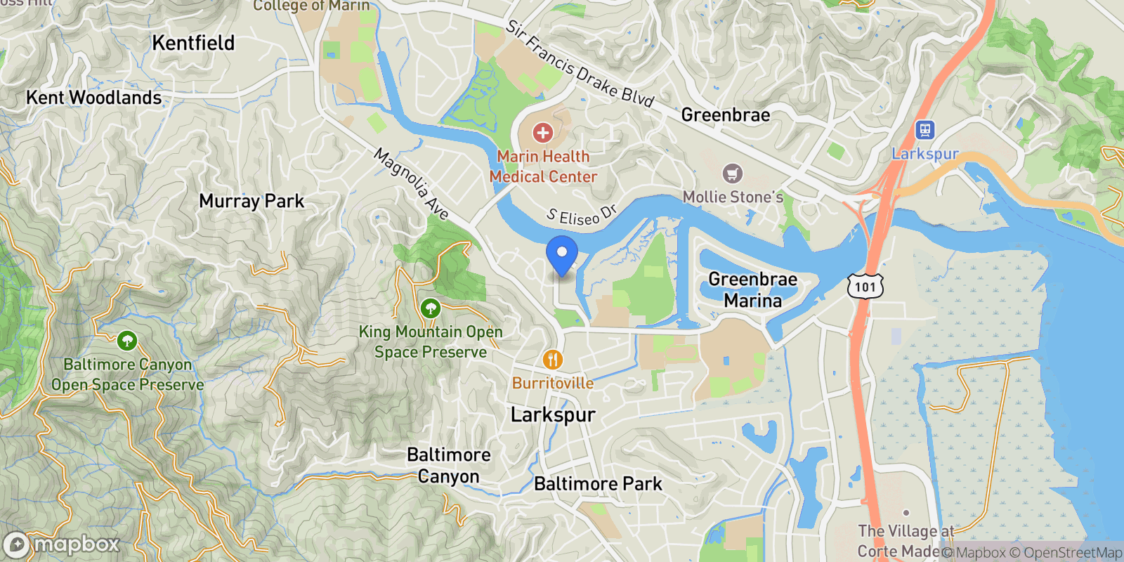 Map showing 310 Larkspur Plaza Drive , Larkspur, CA 94939, Larkspur, California, United States.