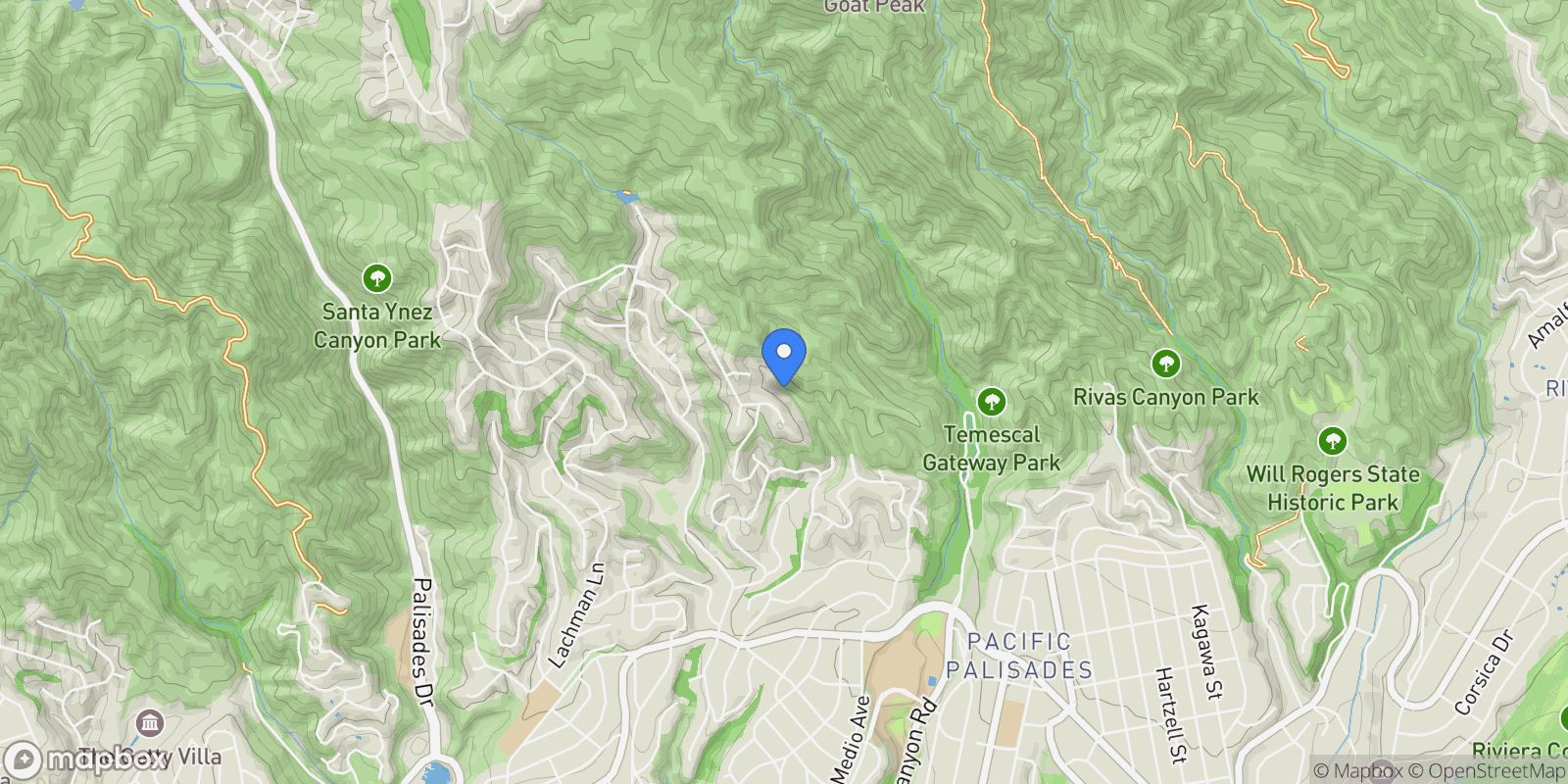 Map showing 1445 Via Cresta, Pacific Palisades, CA 90272, Los Angeles, California, United States.