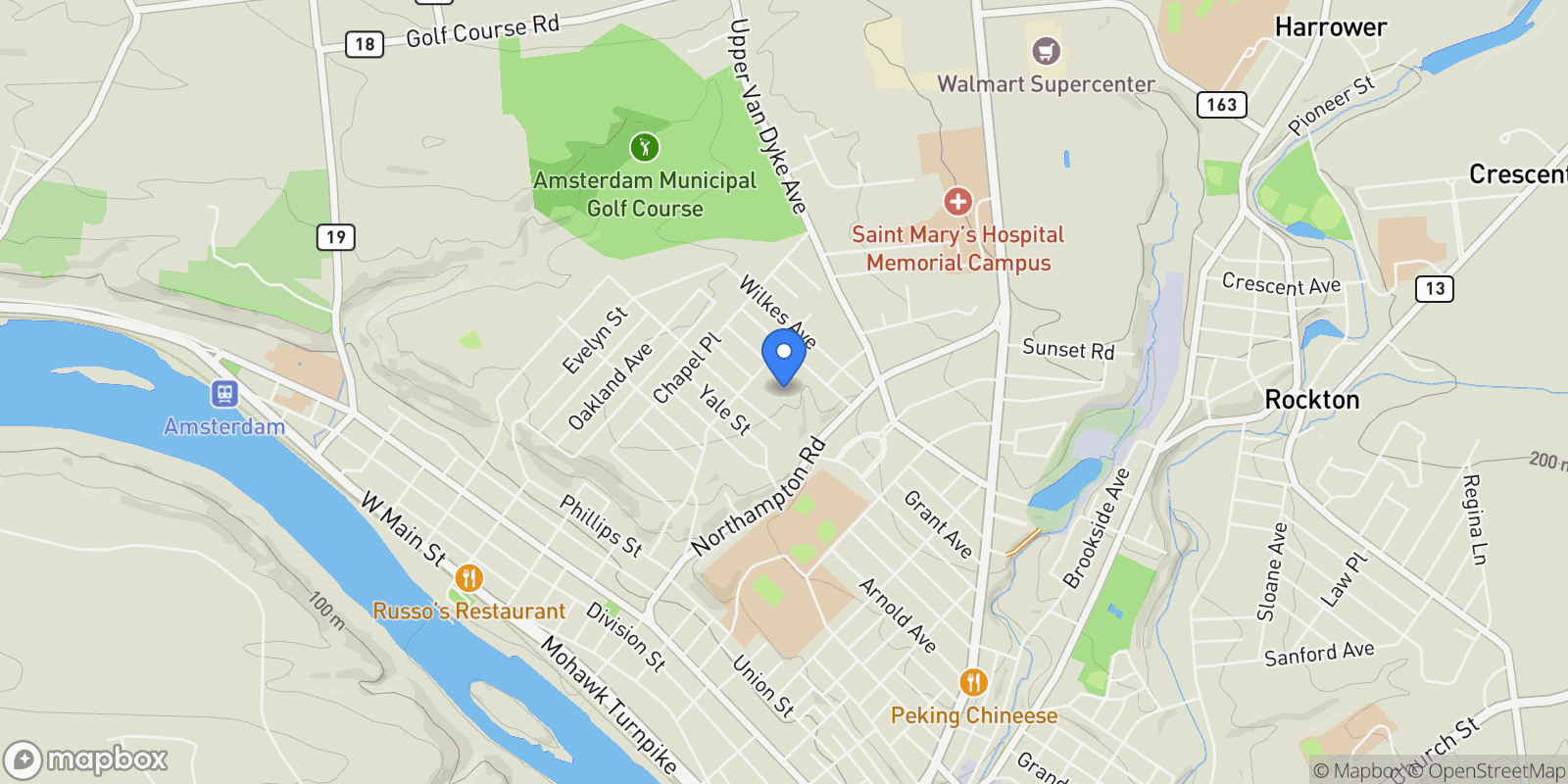Map showing 9 University Place, Amsterdam, NY 12010, Amsterdam, New York, United States.