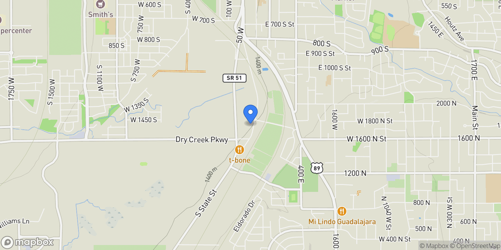 Map showing 1632 S MAIN ST, Springville, Utah, United States.