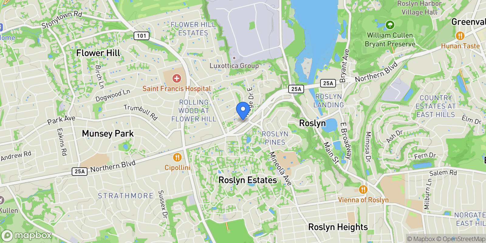Map showing 16 Ridge Drive E, Roslyn, NY, 11576, USA, Roslyn, New York, United States.