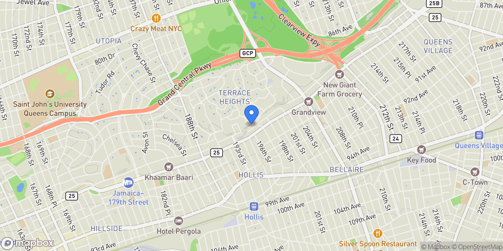 Map showing 19633 Foothill Avenue, Holliswood, NY, 11423, USA, New York, New York, United States.