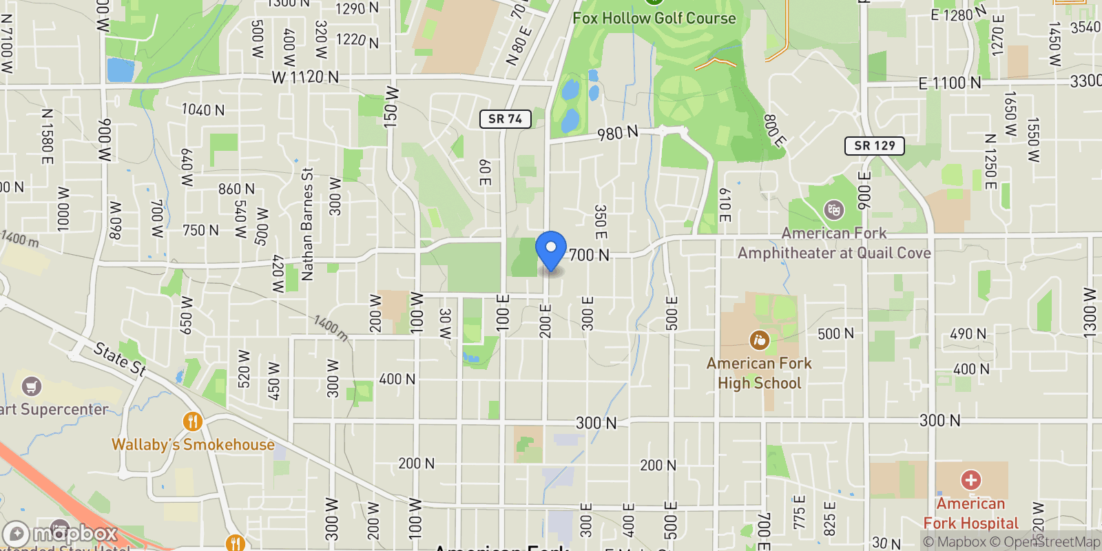 Map showing 654 N 200 E, American Fork, UT 84003, Highland, Utah, United States.
