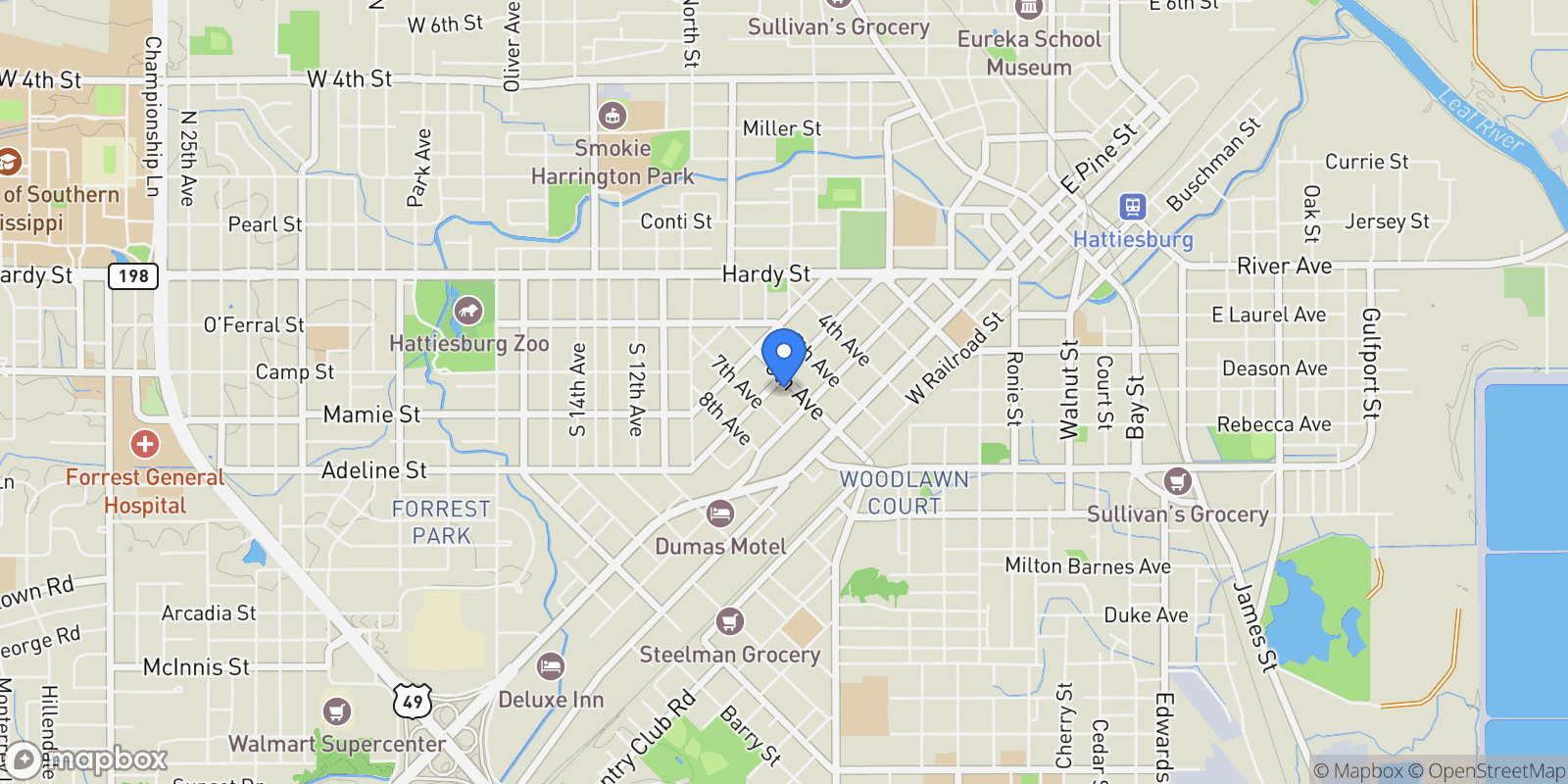 Map showing 312 6th Ave., Hattiesburg, MS 39401, Hattiesburg, Mississippi, United States.