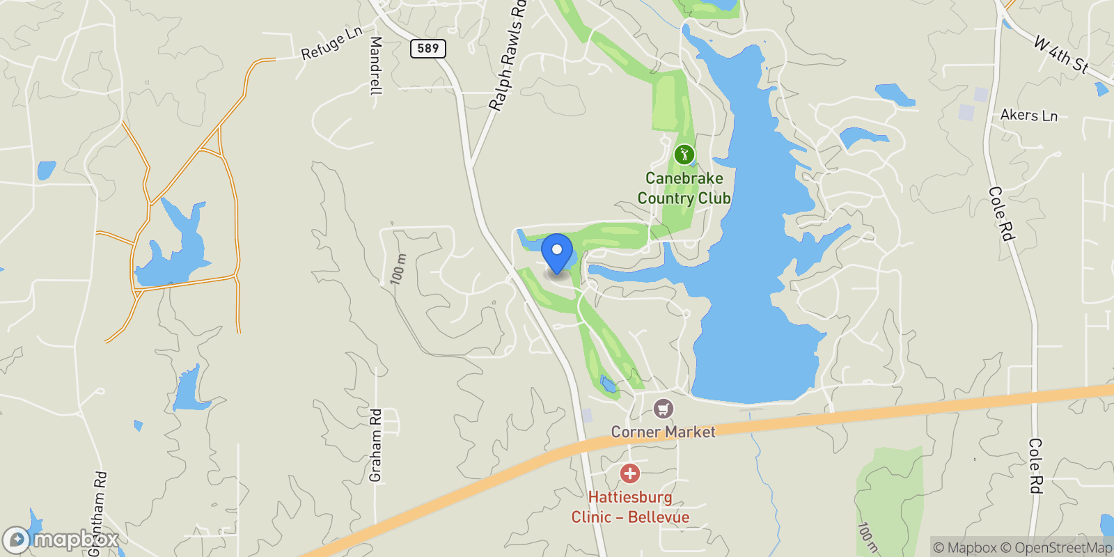 Map showing 28 Millikens Bend, Hattiesburg, MS 39402, Hattiesburg, MS, United States.