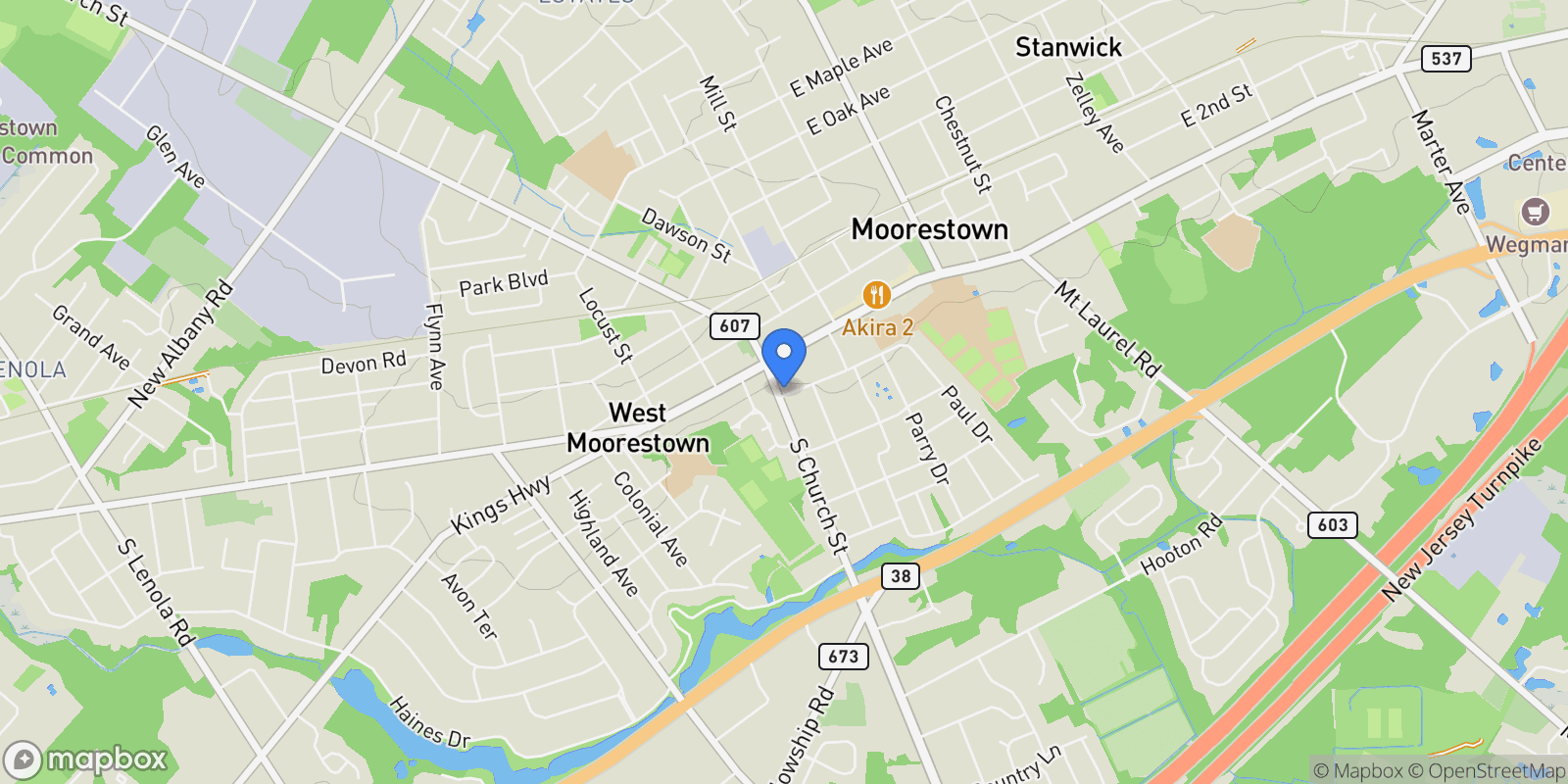 Map showing 129 S CHURCH ST STREET, MOORESTOWN, NJ 08057, Moorestown, New Jersey, United States.