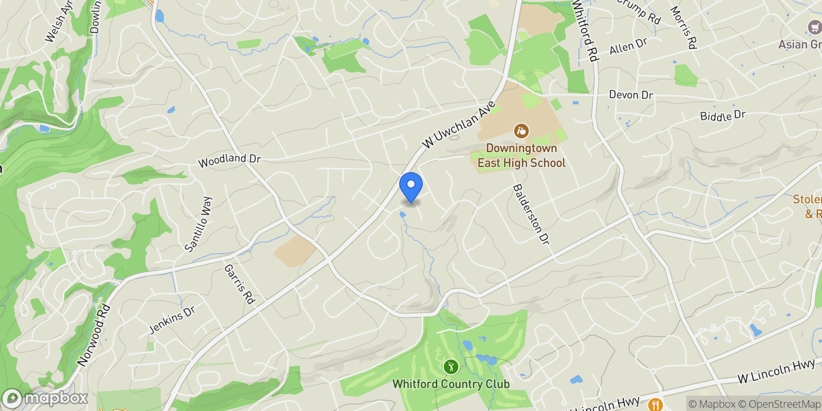 Map showing 100 BROOKHOLLOW DR DRIVE, DOWNINGTOWN, PA 19335, Downingtown, Pennsylvania, United States.