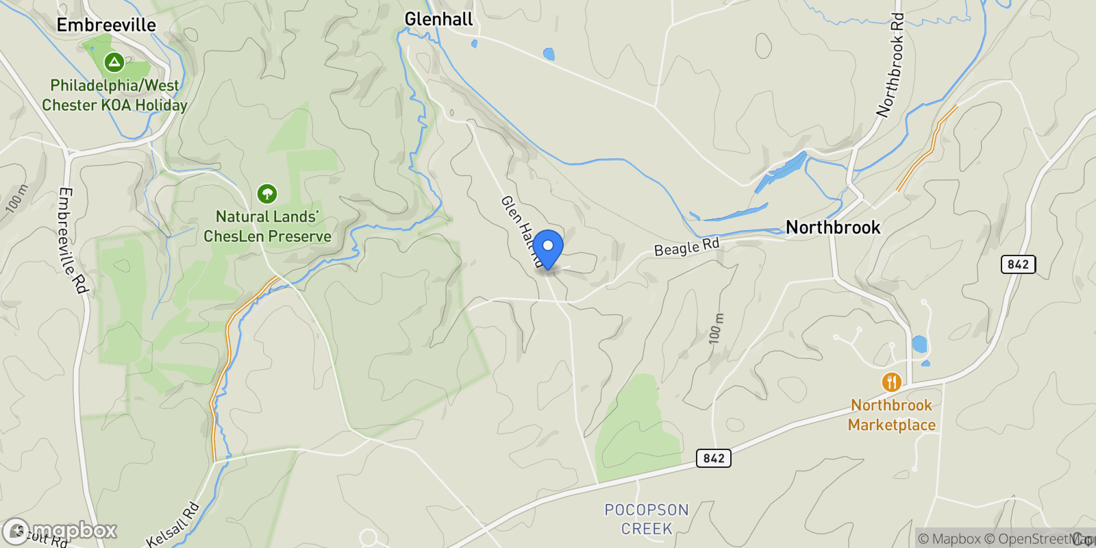 Map showing 1050 GLEN HALL RD ROAD, KENNETT SQUARE, PA 19348, Kennett Square, Pennsylvania, United States.