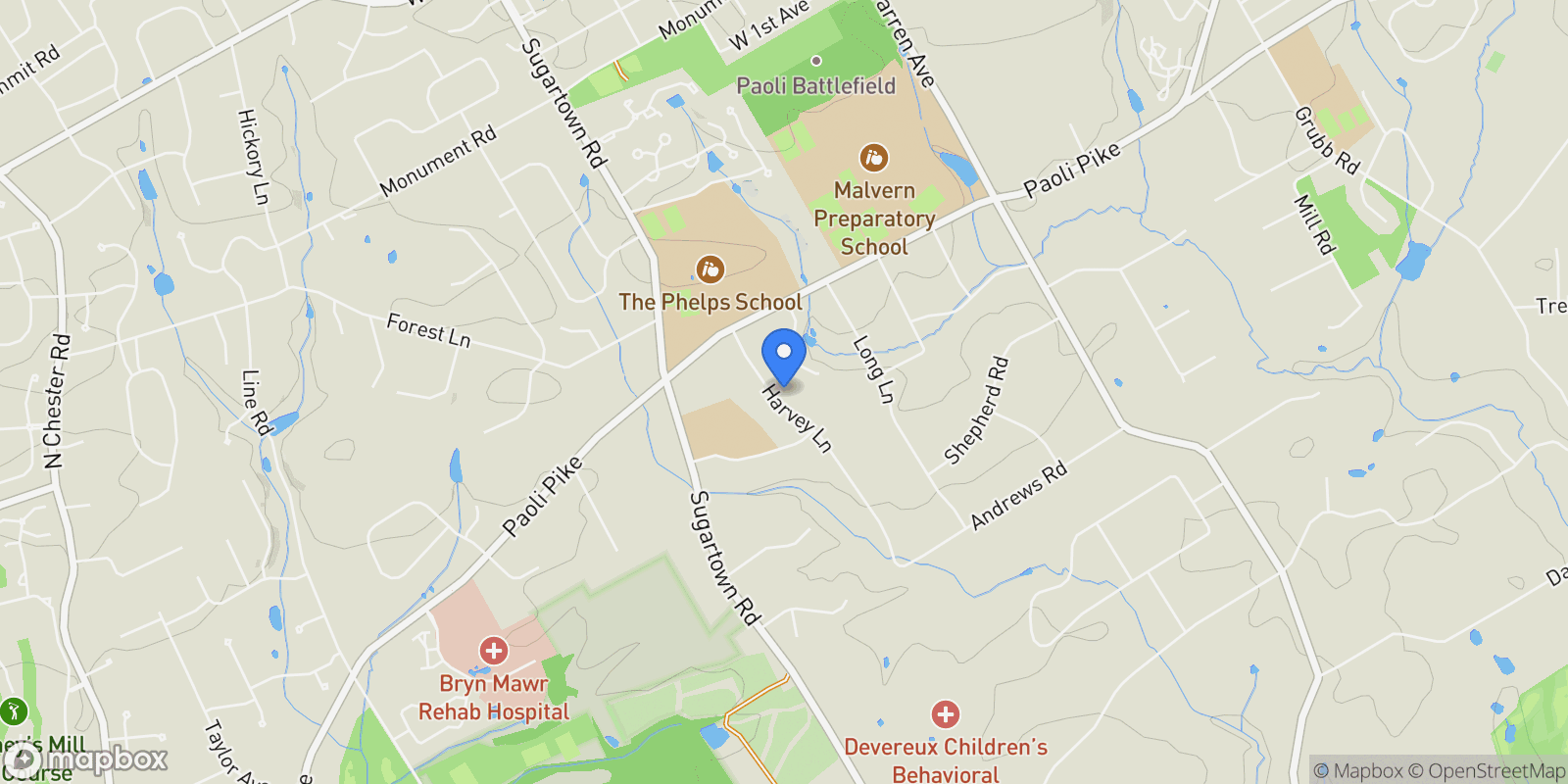 Map showing 11 HARVEY LN LANE, MALVERN, PA 19355, Malvern, Pennsylvania, United States.