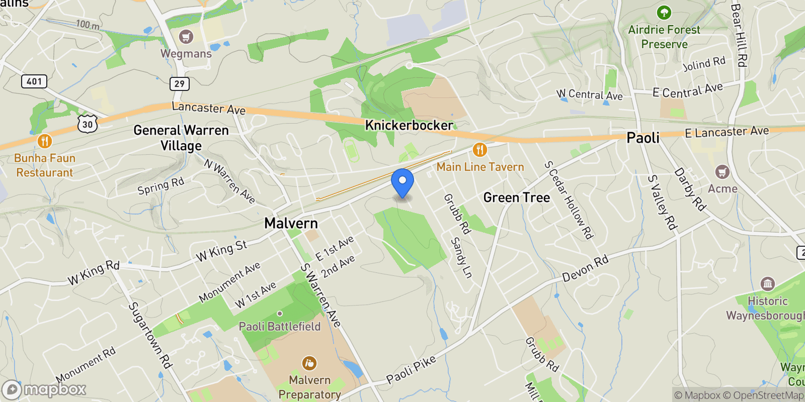 Map showing 10 ARLINGTON RD ROAD, MALVERN, PA 19355, Malvern, Pennsylvania, United States.