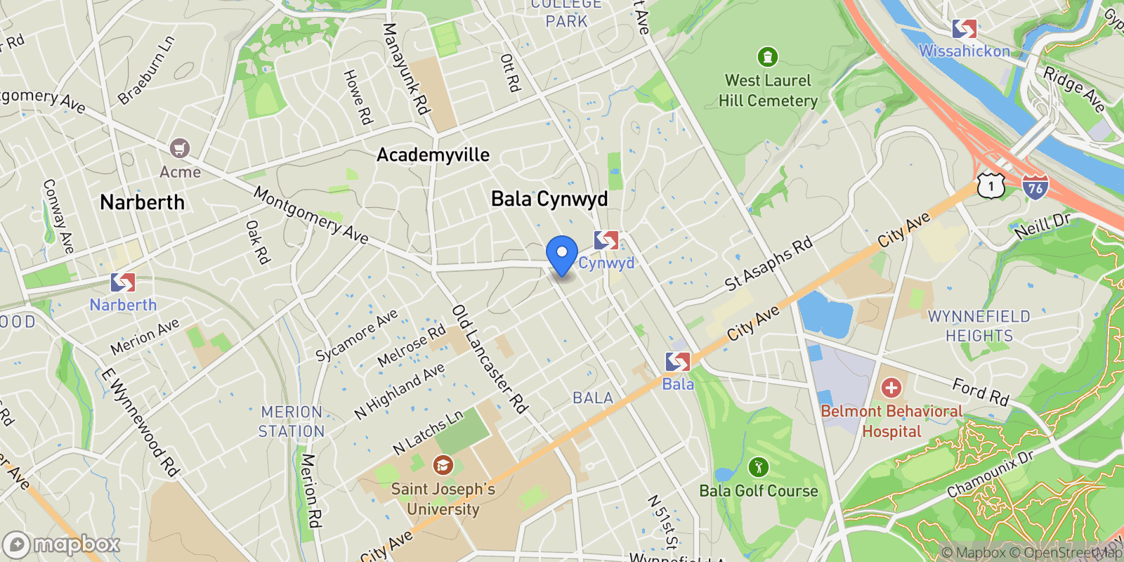 Map showing 211 BRYN MAWR AVE AVENUE, BALA CYNWYD, PA 19004, Bala Cynwyd, Pennsylvania, United States.