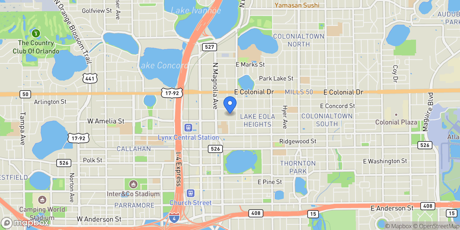 Map showing 210 HIBISCUS COURT, ORLANDO, FL 32801, Orlando, Florida, United States.