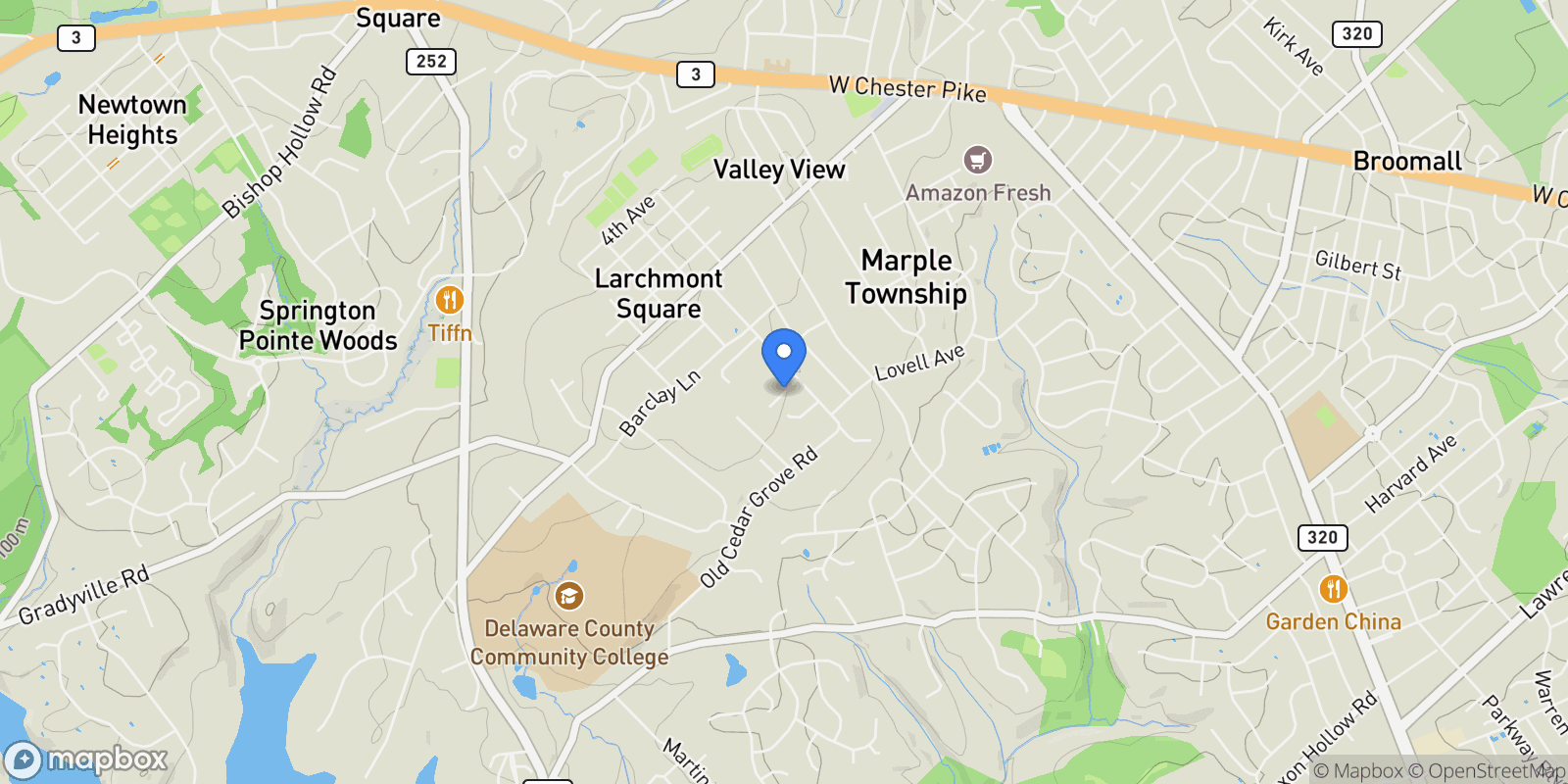 Map showing 103 EAGLE DRIVE, BROOMALL, PA 19008, Broomall, Pennsylvania, United States.