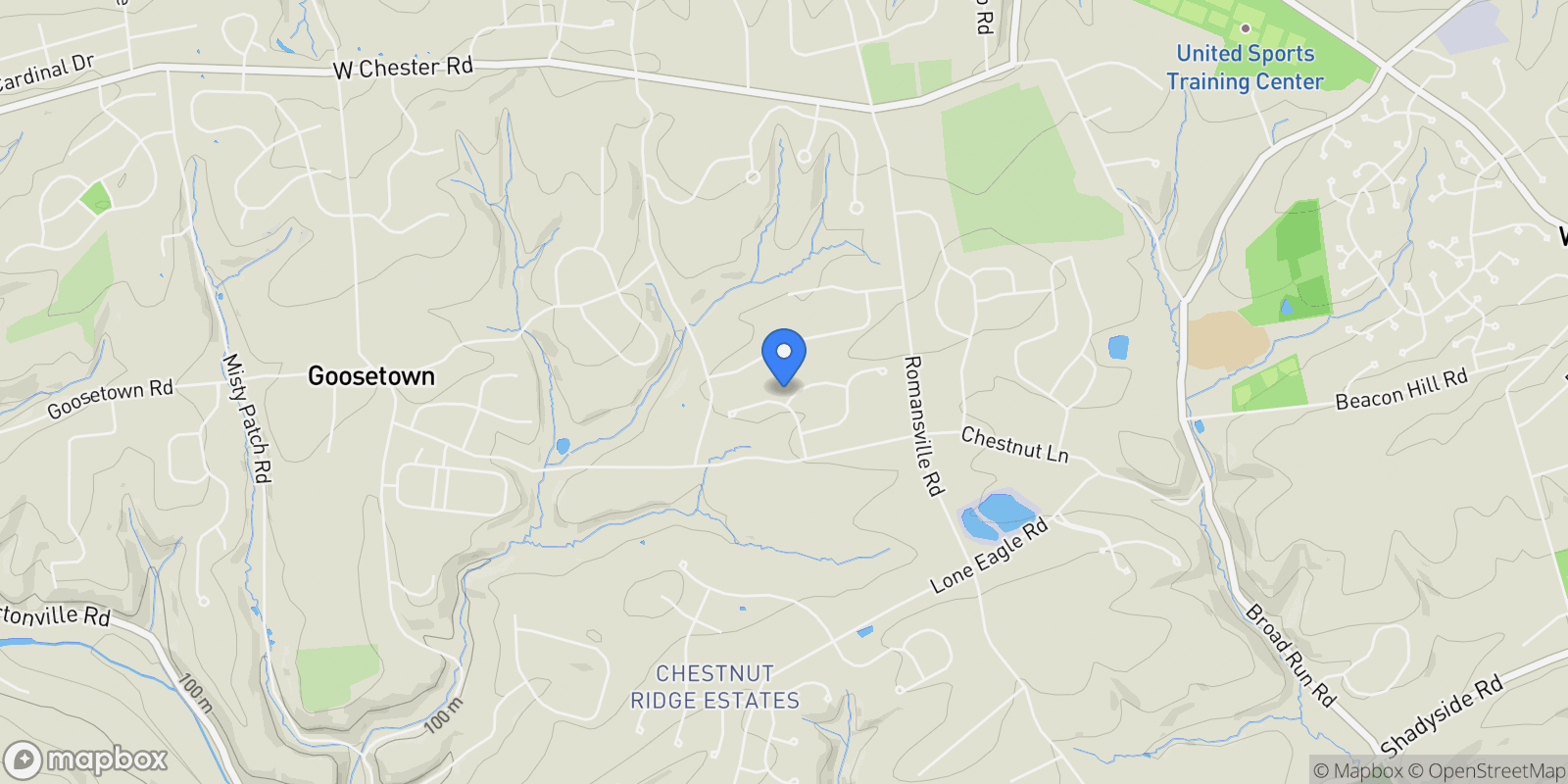 Map showing 2001 GRENOBLE RD ROAD, ROMANSVILLE, PA 19320, Coatesville, Pennsylvania, United States.