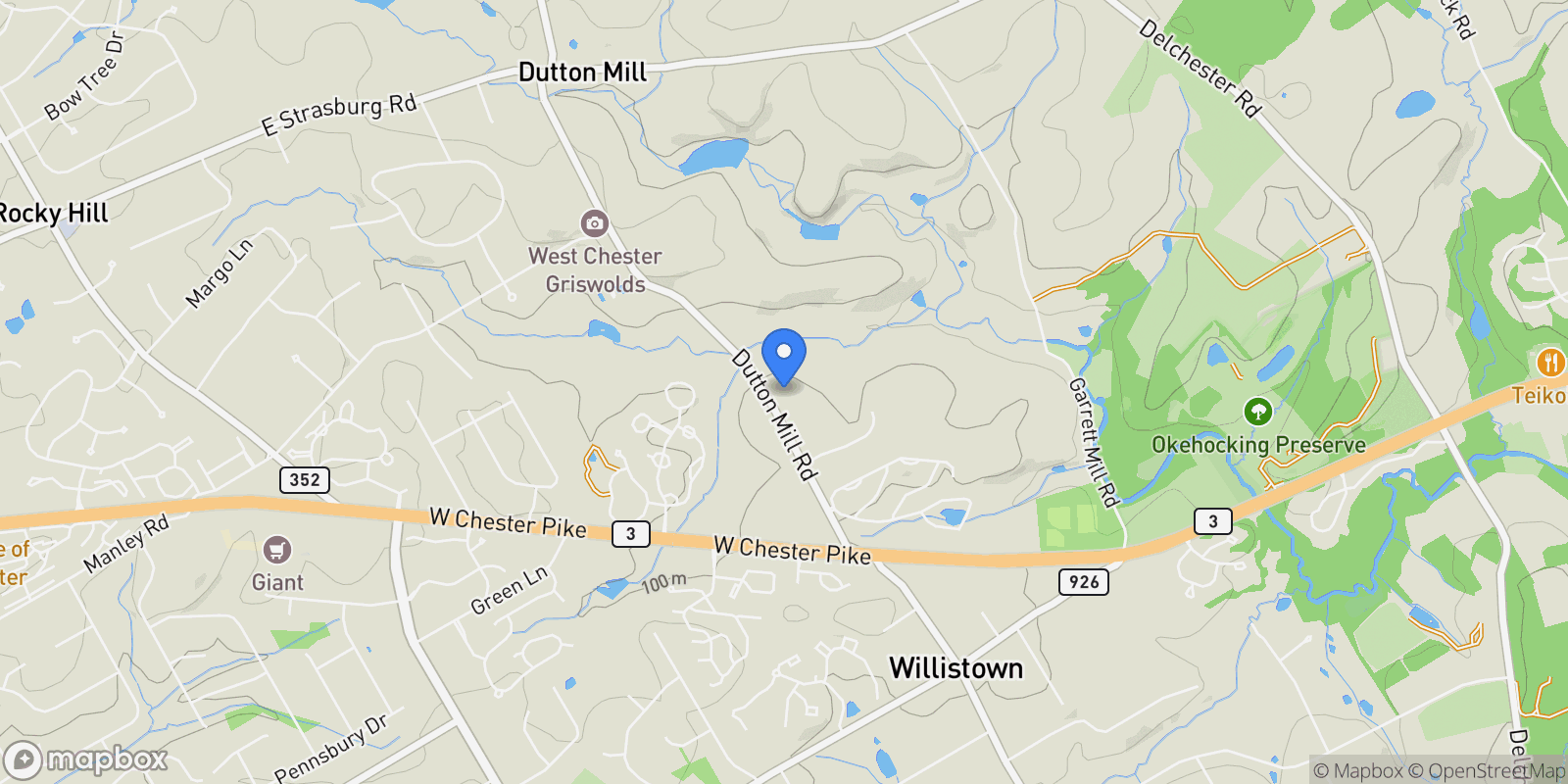 Map showing 211 DUTTON MILL RD ROAD, WEST CHESTER, PA 19380, West Chester, Pennsylvania, United States.