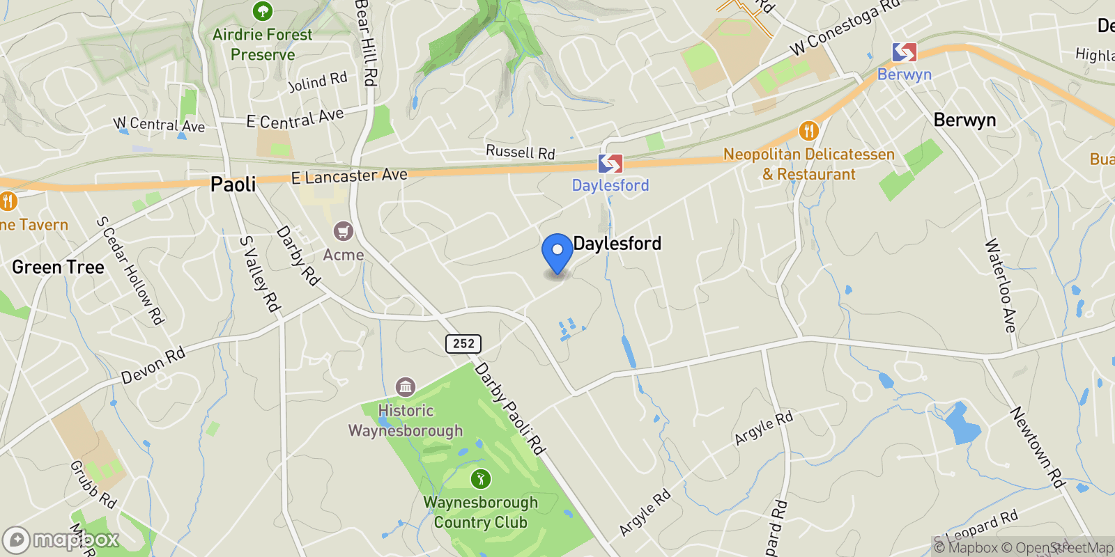 Map showing 1441 BERWYN PAOLI RD ROAD, PAOLI, PA 19301, Berwyn, Pennsylvania, United States.