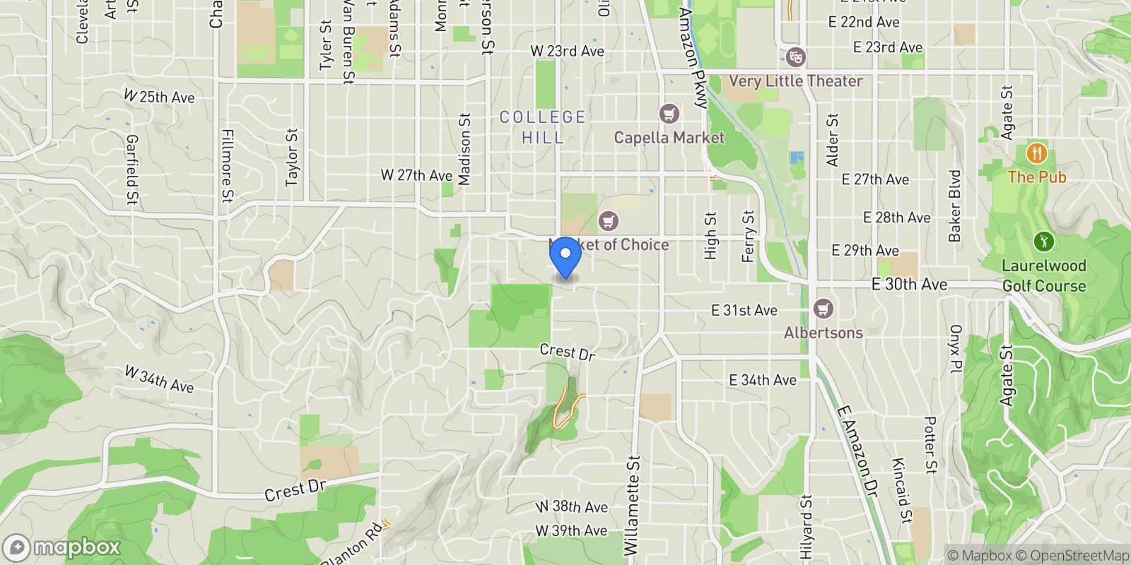 Map showing 245 W 30th Ave, Eugene, OR 97405, Eugene, Oregon, United States.