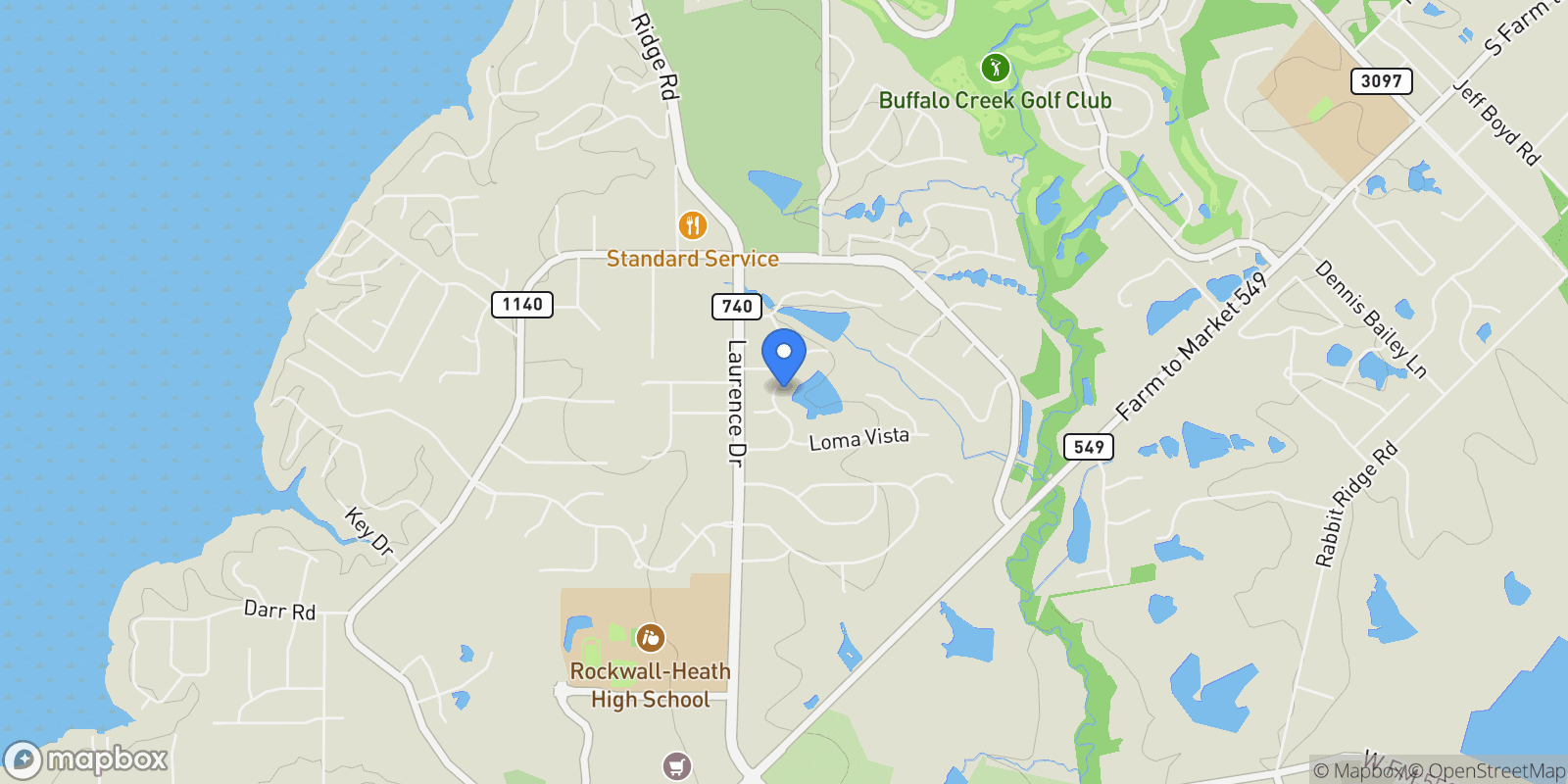 Map showing 512 Las Lomas Drive, Heath, TX 75032, Heath, Texas, United States.