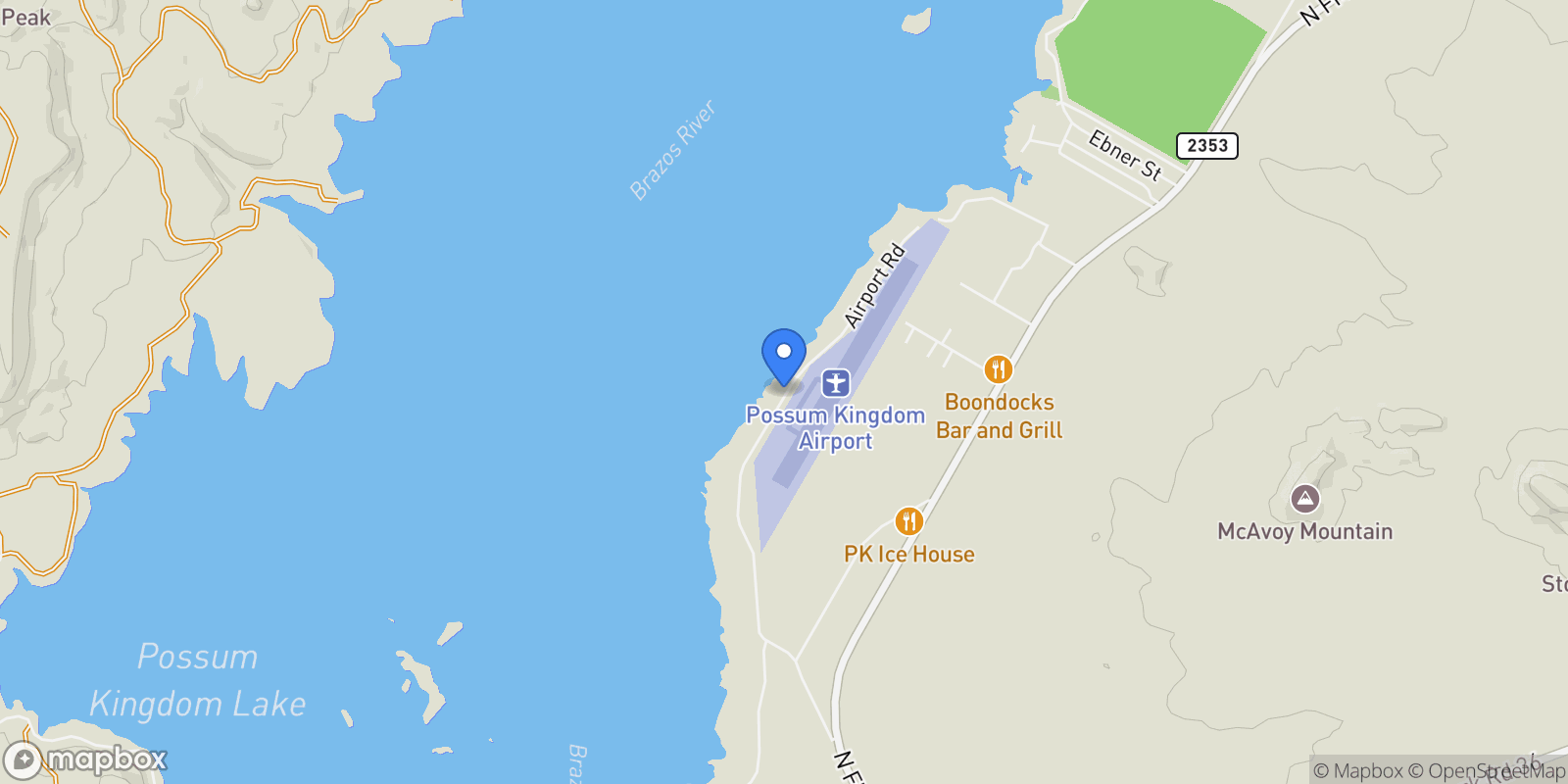 Map showing 1017 Airport Road, Possum Kingdom Lake, TX 76449, Graford, Texas, United States.