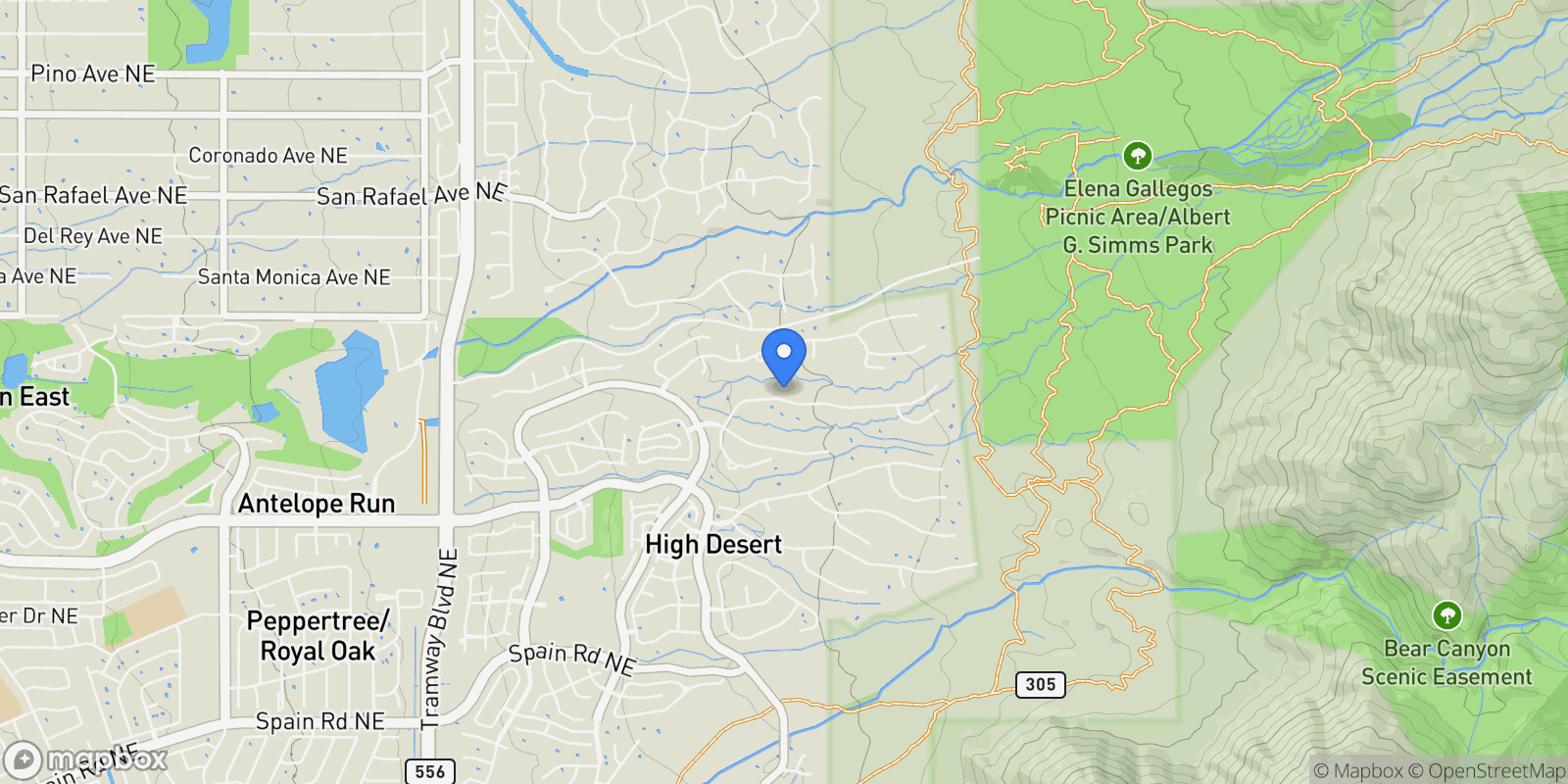 Map showing 13415 Quaking Aspen Place NE, Albuquerque, NM 87111, Albuquerque, New Mexico, United States.
