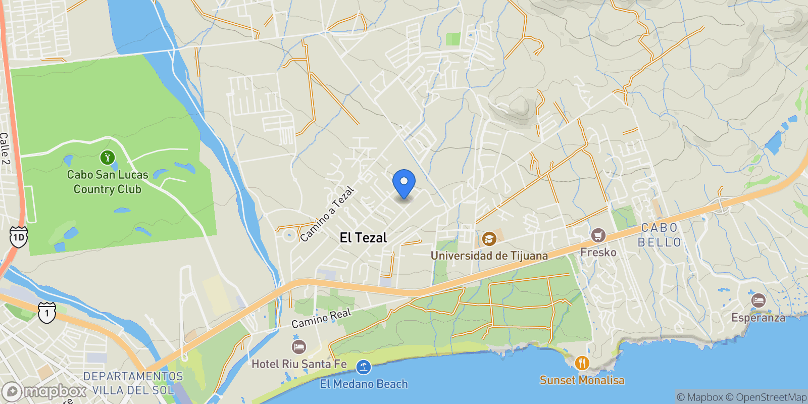 Map showing Casa Hermosa, El Tezal, Cabo San Lucas, BCS 23467, Colonia del Sol, Baja California Sur, Mexico.