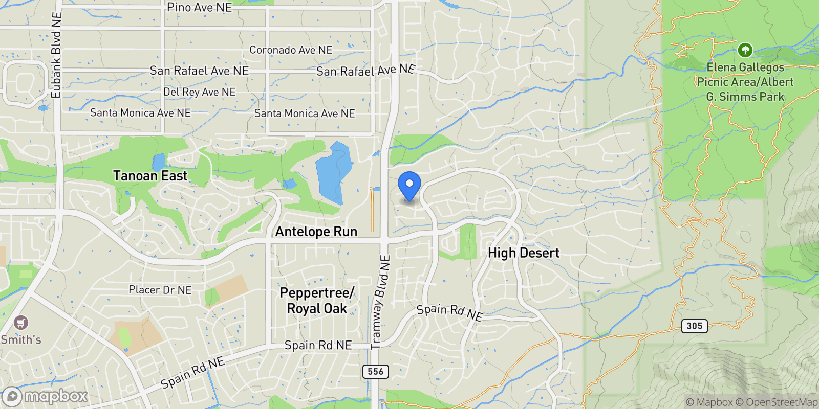 Map showing 12709 Sunset Ridge Place NE, Albuquerque, NM 87111, Albuquerque, New Mexico, United States.