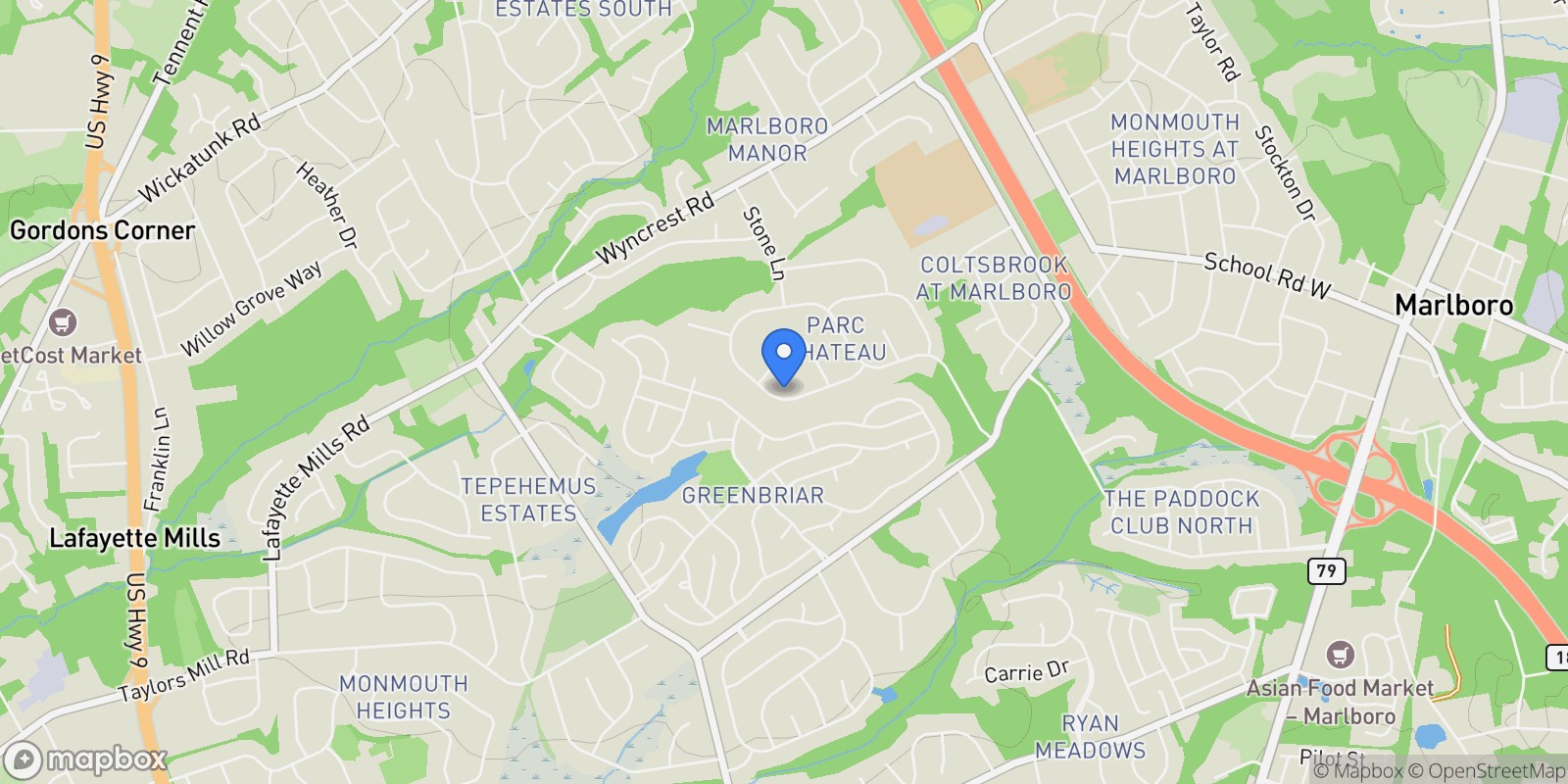 Map showing 39 Homestead Circle, Marlboro, NJ 07746, Marlboro Township, New Jersey, United States.