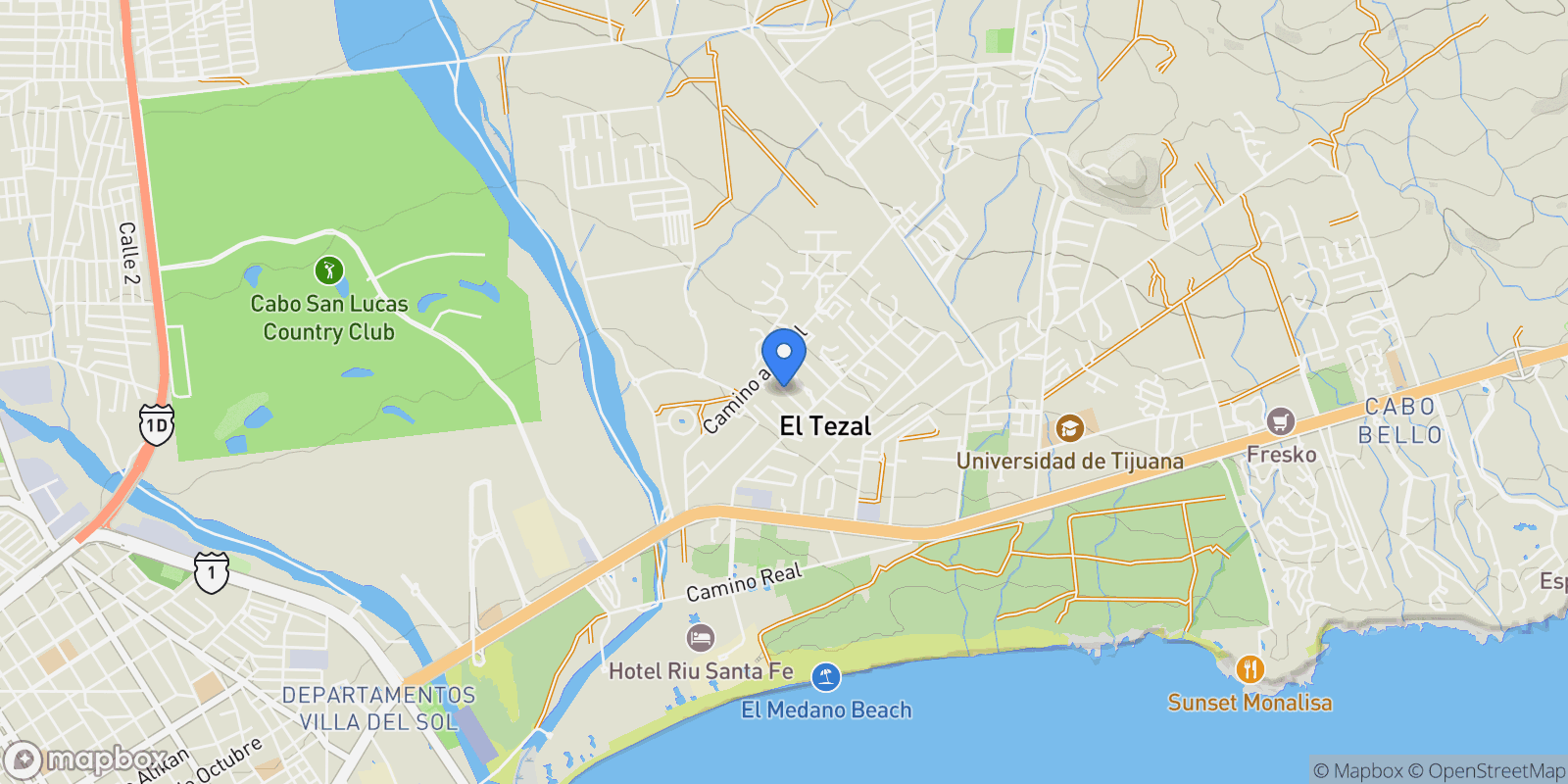 Map showing Residence 3 (Penthouse), Dos Piedras C. Hacienda de Guadalupe, Cabo San Lucas, BCS 23454, Colonia del Sol, Baja California Sur, Mexico.
