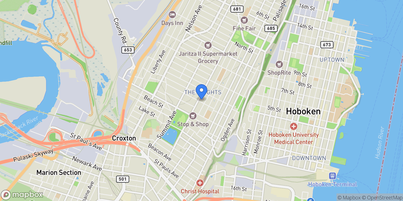 Map showing 92 Hutton Street, Jersey City, NJ 07307, Jersey City, New Jersey, United States.