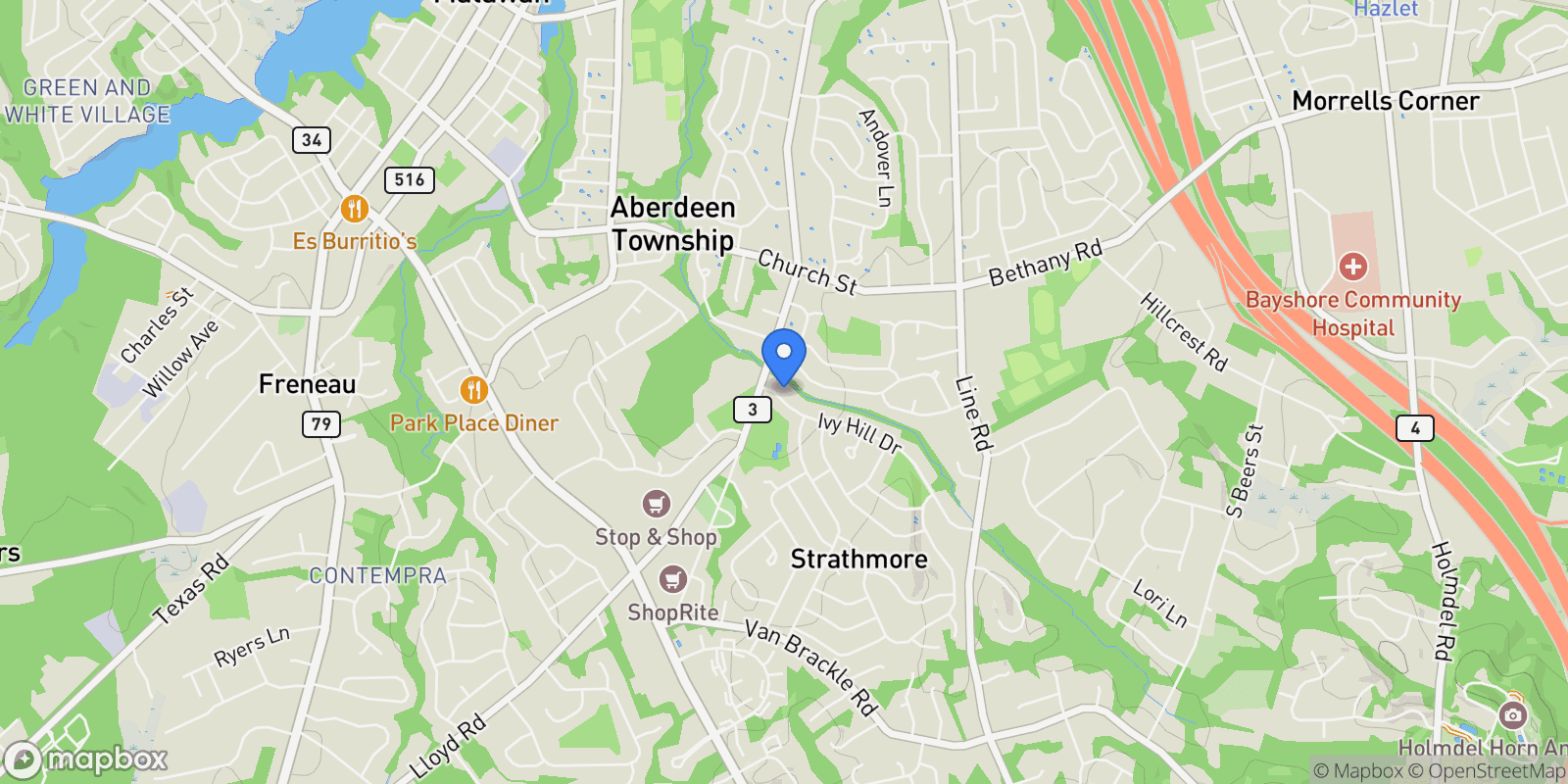 Map showing 13 Ivy Hill Drive, Aberdeen, NJ 07747, Matawan, New Jersey, United States.