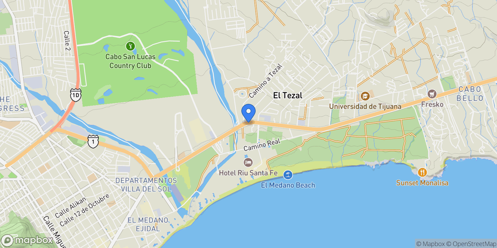 Map showing Residence 1, Dos Piedras C. Hacienda de Guadalupe, Cabo San Lucas, BCS 23454, Colonia del Sol, Baja California Sur, Mexico.